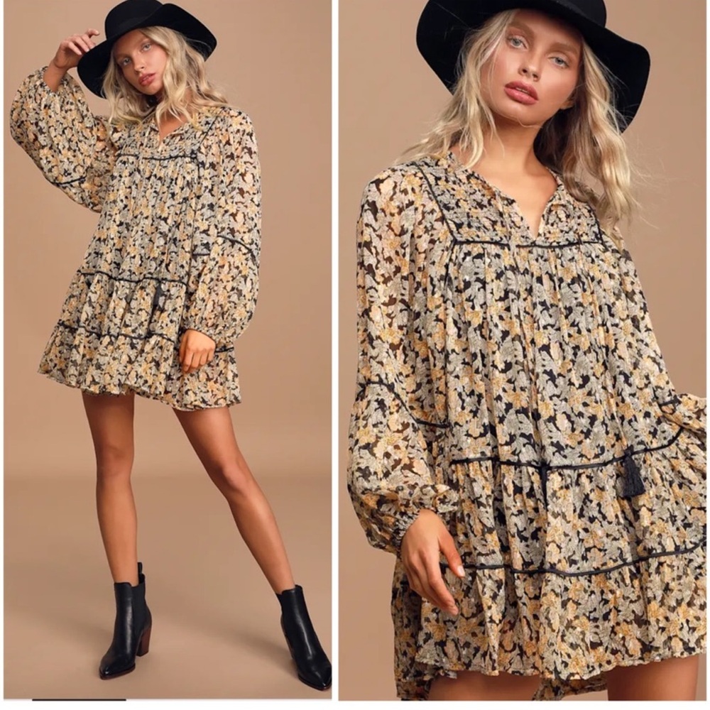 Free People Floral Mini Dress in Black and Tan